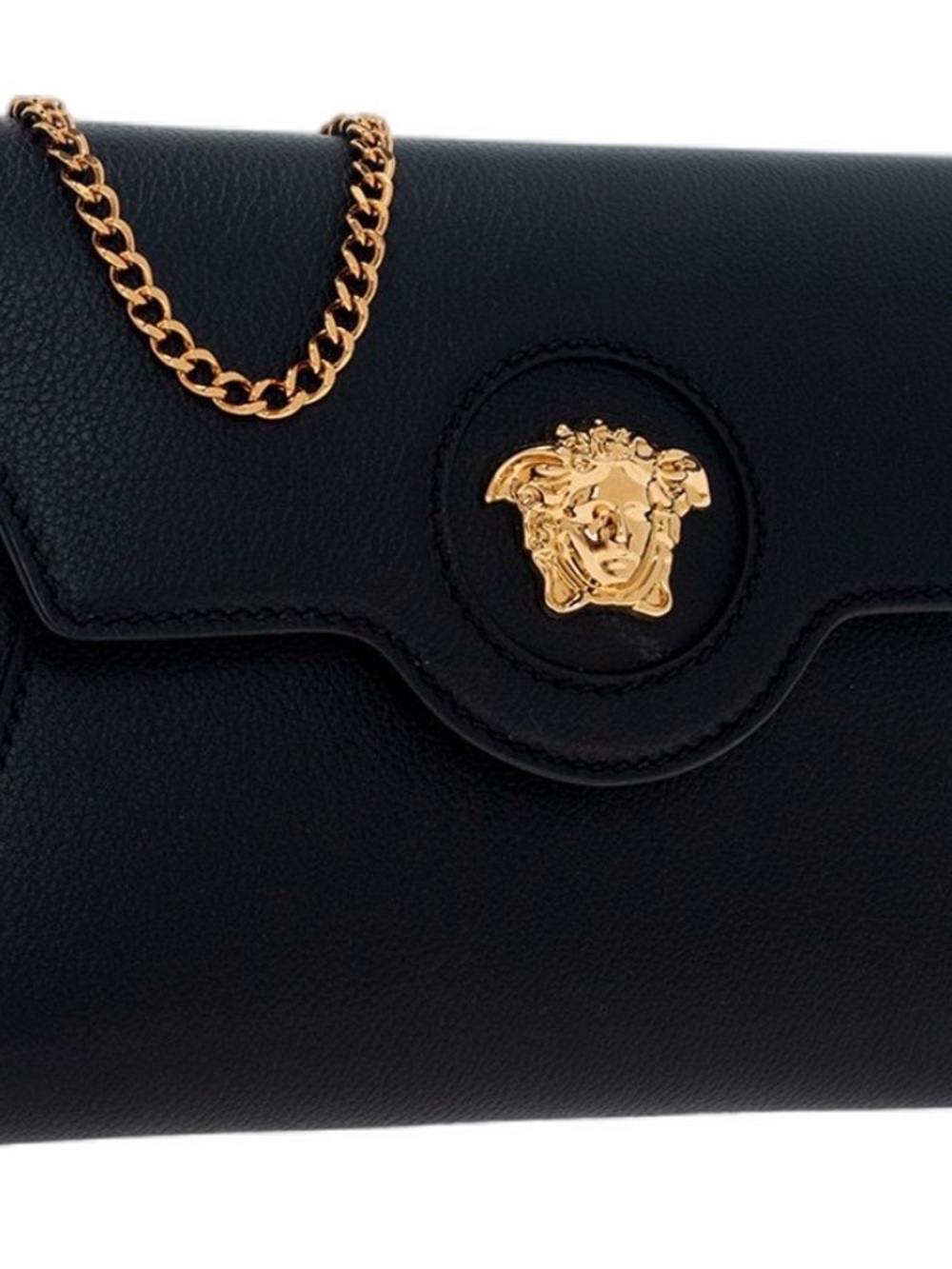 Versace Black Leather Clutch with Gold Medusa Accent